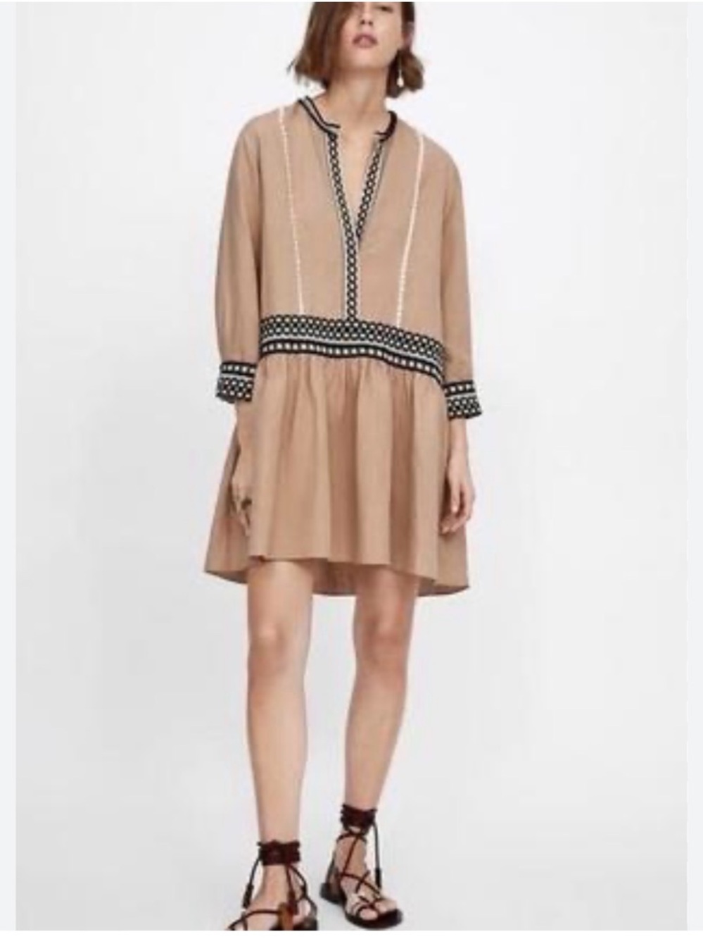 ZARA Embroidered Linen Blend Tunic Mini Dress